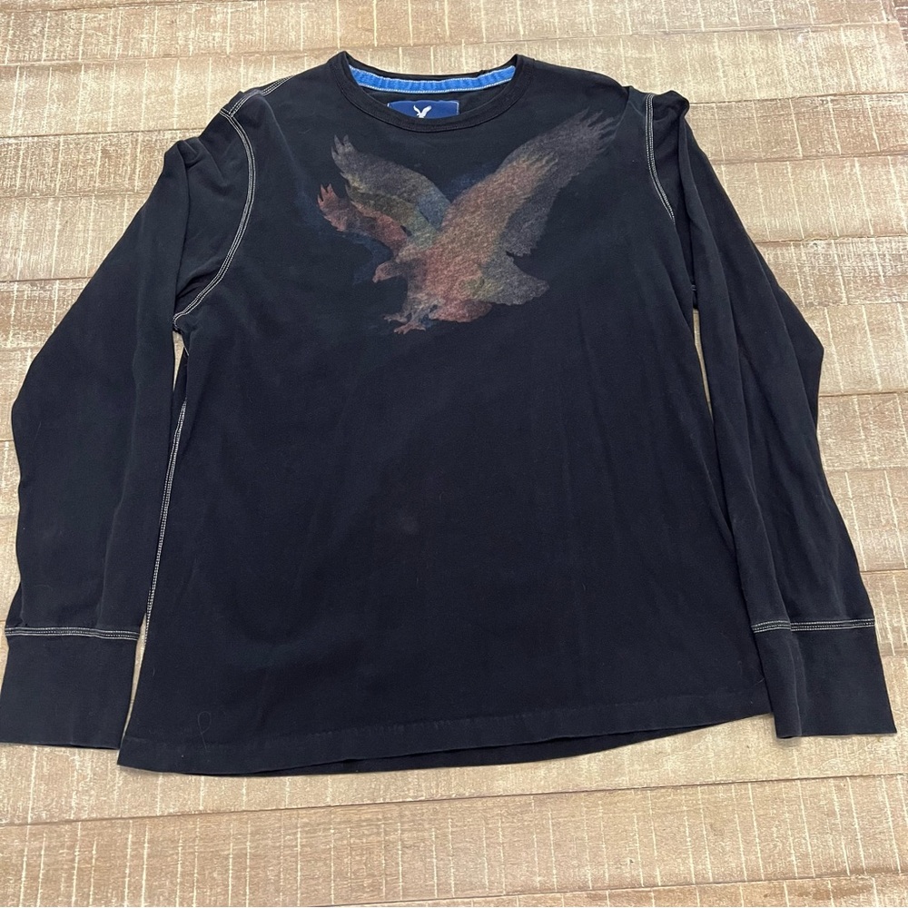 American Eagle Black Contrast Stitching Long Sleeve  Eagle Graphic Top Size L